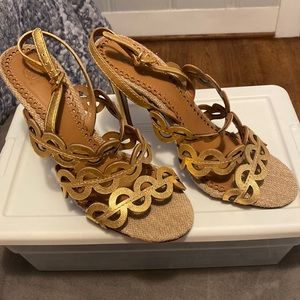 Tory Burch gold and jute heeled sandals